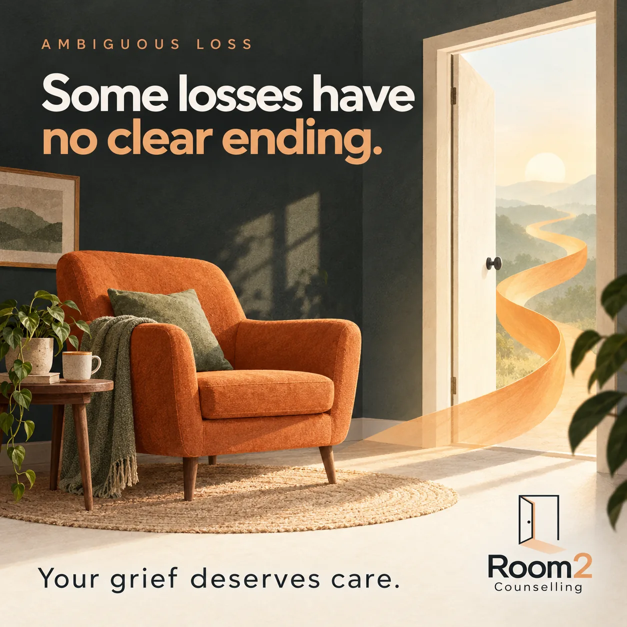 A warm orange armchair stands beside an open doorway, with an amber ribbon winding into the distance. Text: Ambiguous loss. Some losses have no clear ending. Your grief deserves care. Room2 Counselling logo at the bottom right.