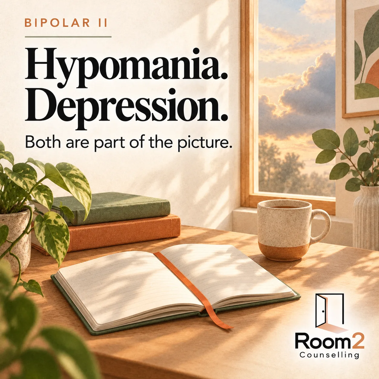 An open sage notebook with an orange bookmark on a quiet desk beside a window. Text: Bipolar II. Hypomania. Depression. Both are part of the picture. Room2 Counselling logo.