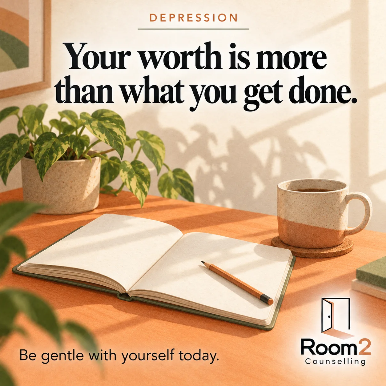 Open blank notebook, pencil, mug and plant on an orange desk in warm light. Text: Depression. Your worth is more than what you get done. Be gentle with yourself today. Room2 Counselling logo at the bottom right.