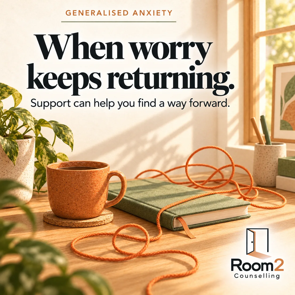A looping orange thread rests beside a sage notebook and mug in warm window light. Text: Generalised anxiety. When worry keeps returning. Support can help you find a way forward. Room2 Counselling logo.