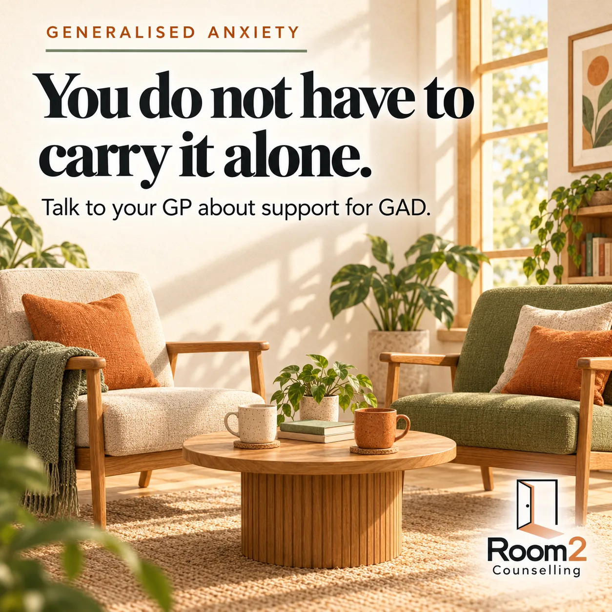Two inviting chairs with orange and sage details and two mugs on a wooden table. Text: Generalised anxiety. You do not have to carry it alone. Talk to your GP about support for GAD. Room2 Counselling logo.